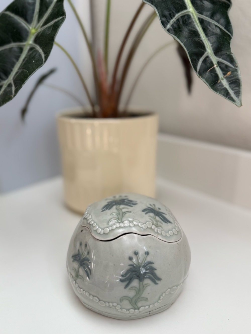 Vintage Hand-Painted Floral Ceramic Lidded Bowl in Pale Gray and Blue-Green